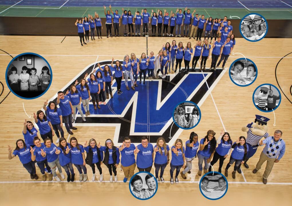 Grand Valley twins gather in the fieldhouse and form a number '2' Overlayed are black and white photo insets of 5 sets of twins, one set of quadruplets and Louie and President Haas.
